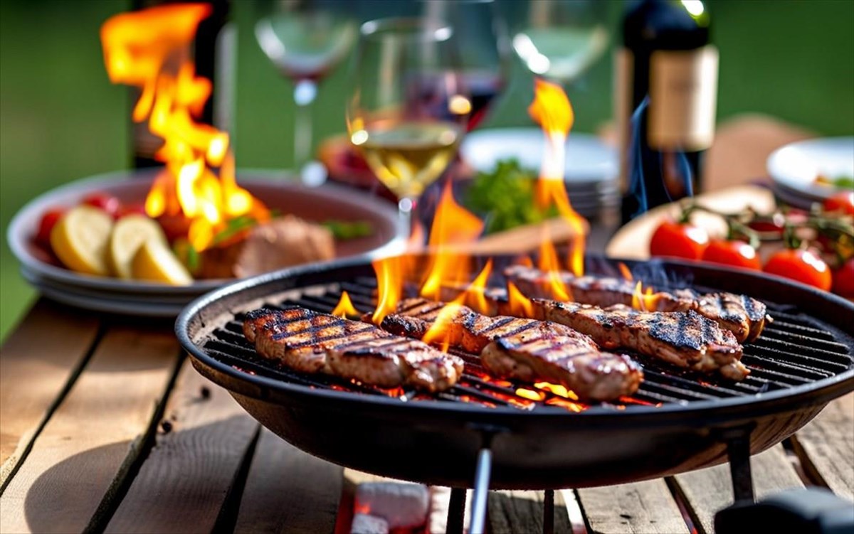 closeupshotofgrillflamesinforegroundwithrustic